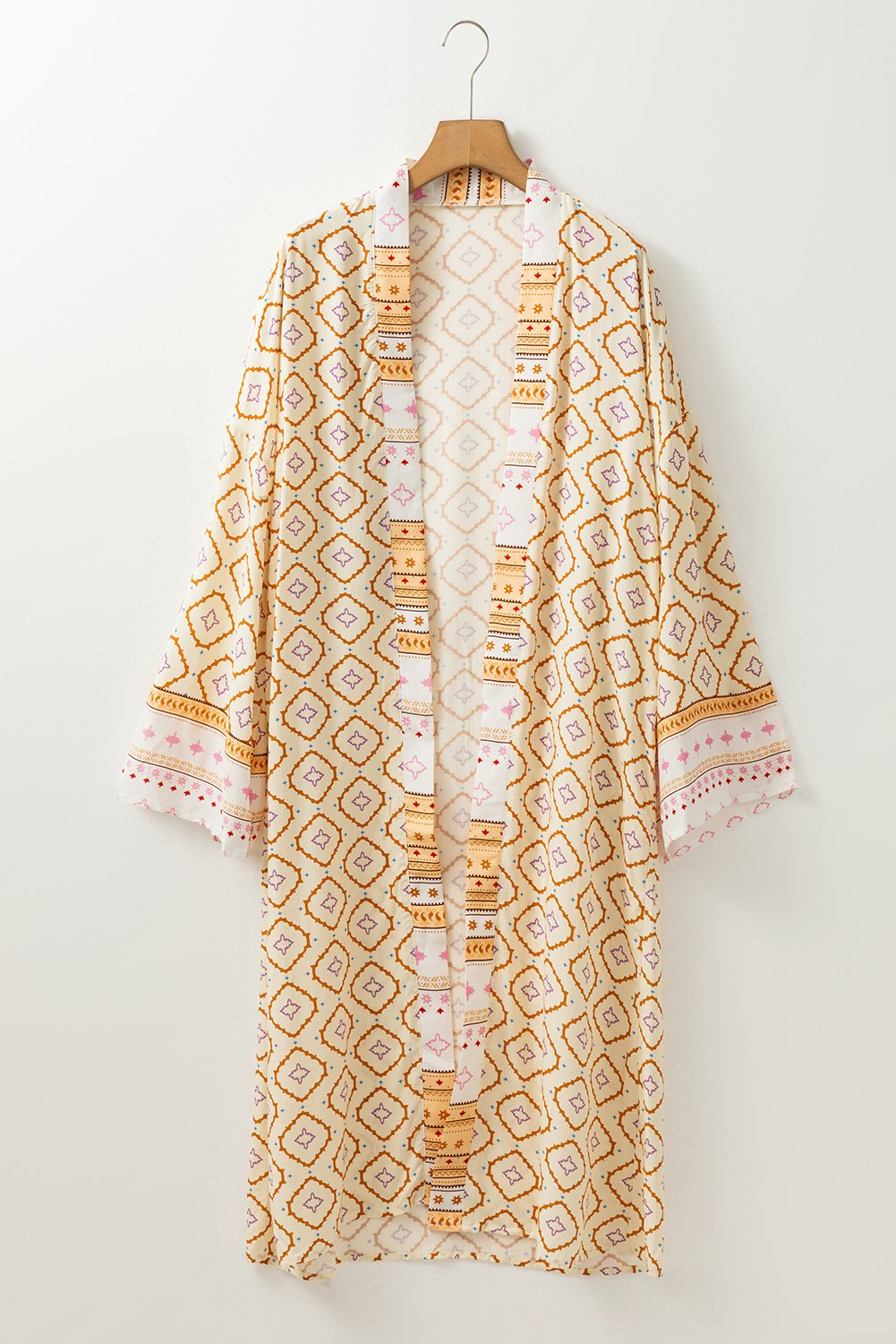 Thumbnail - Gelber Bohemian Geometrischer Print Langer Kimono mit Lockeren Ärmeln