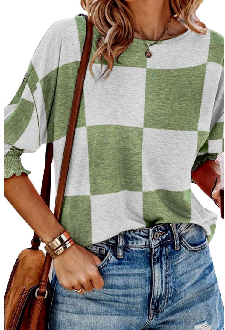 Thumbnail - Azura Exchange Grasgrün Mischfarben Karomuster Bluse mit Rüschenärmel