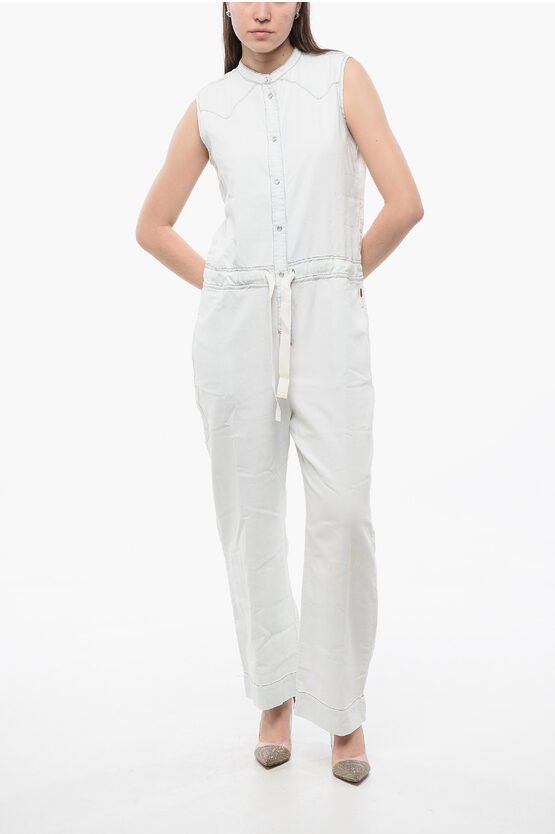 Ärmelloser Jeans-Jumpsuit mit Kordelzug in der Taille in Weiß