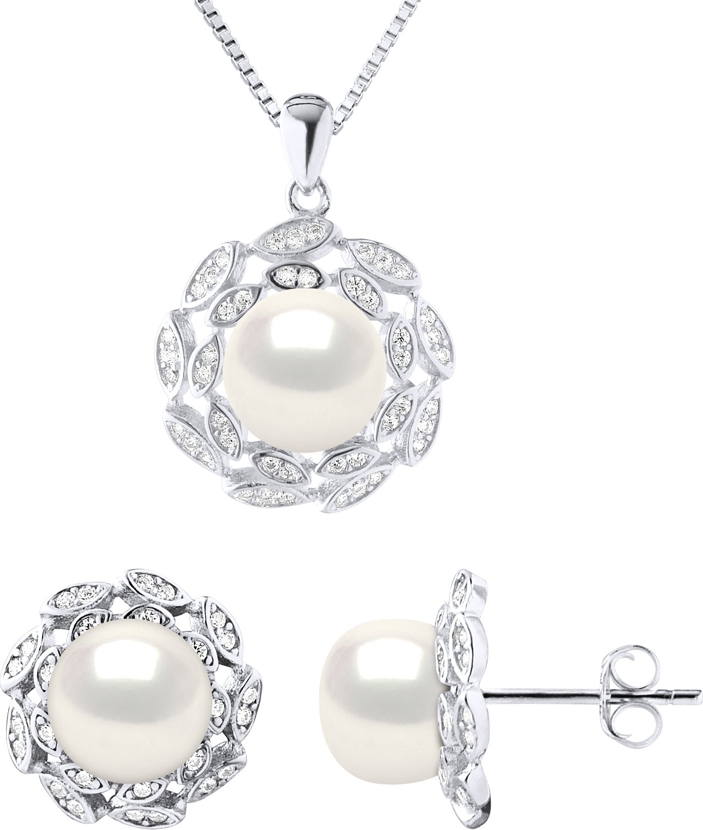 Schmuck Halskette & Ohrringe FLOWER Süßwasserperlen Weiß 9-10 mm 925