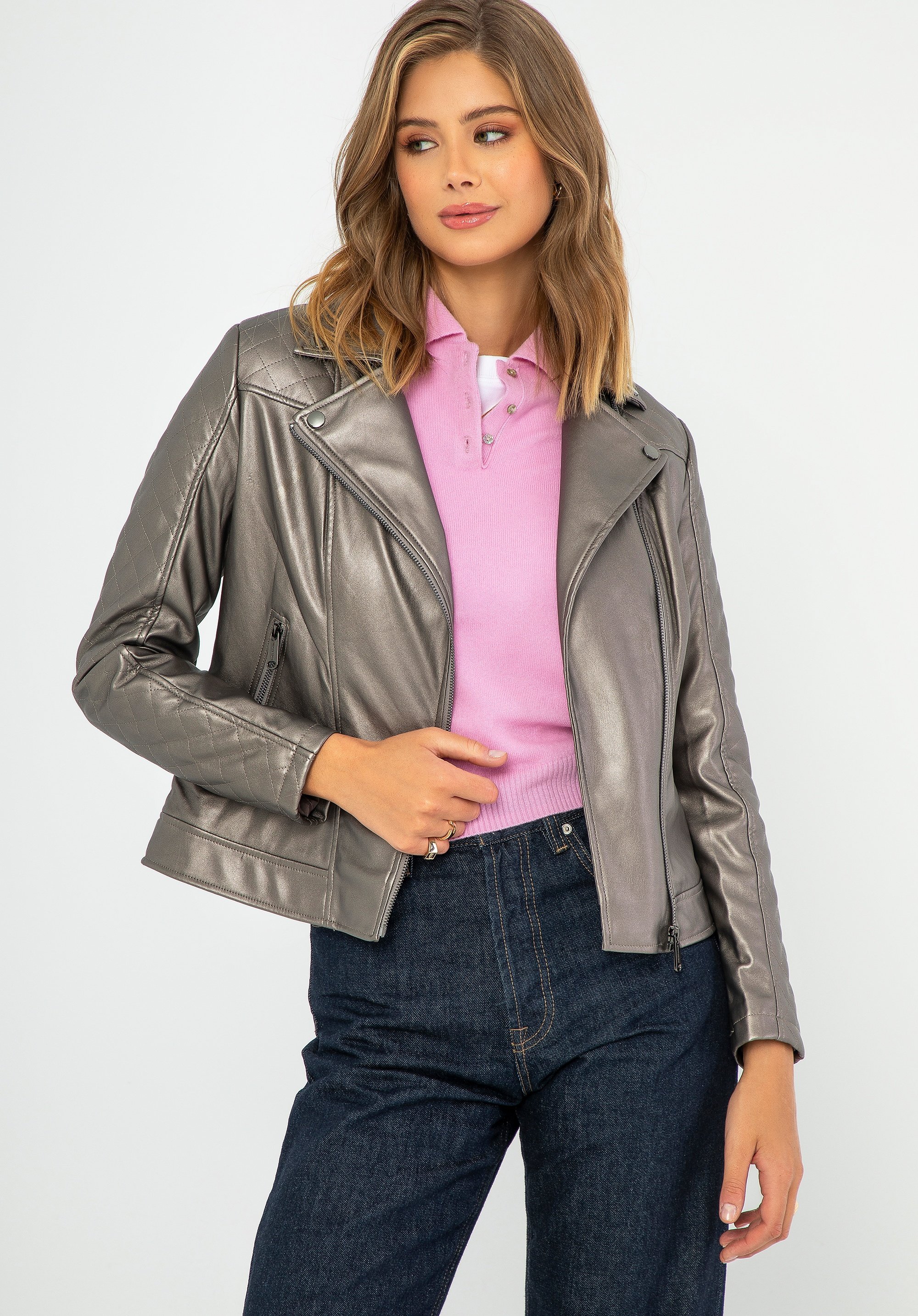Wittchen Damen-Bikerjacke aus Öko-Leder, Metallic-Braun, Hellbraun