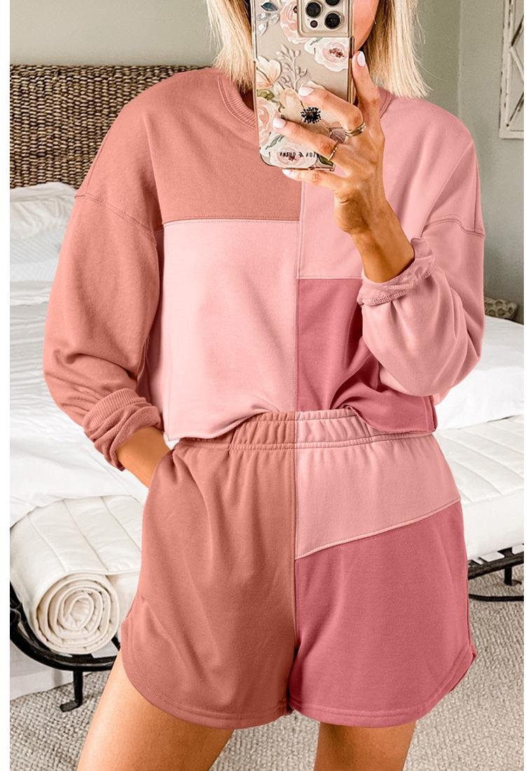Thumbnail - Pfirsichblüten-Farbblock-Patchwork-Langarm-Shorts-Outfit