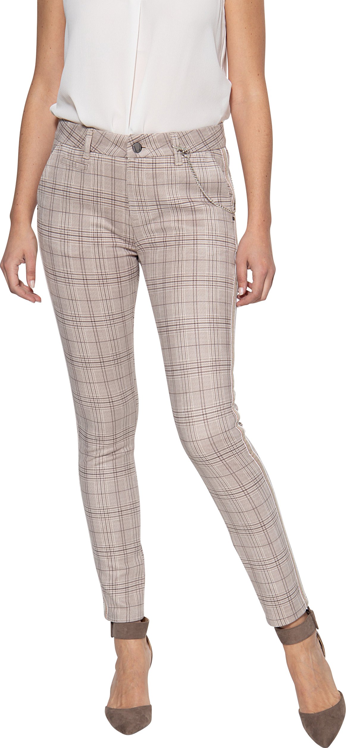 Amor, Truth & Trust Damen ATT JEANS Stretchhose mit Karomuster und seitlichem Streifen Ruby beige