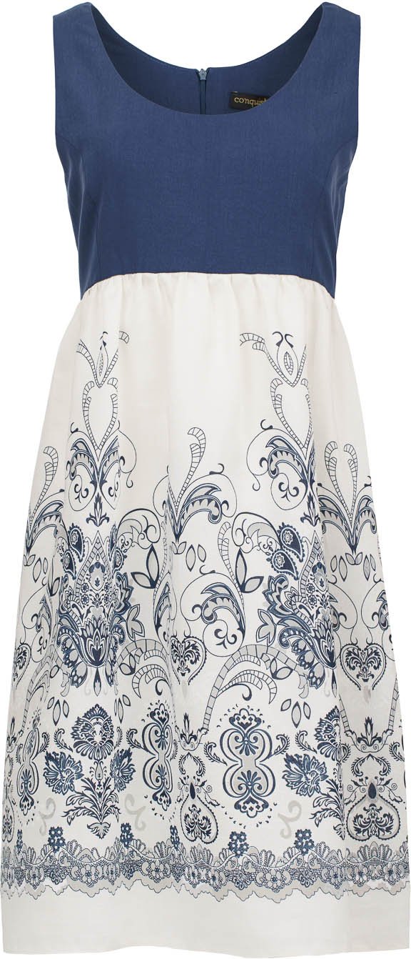 Elegantes ärmelloses A-Linien-Kleid mit besticktem Rock - Blau und Weiß