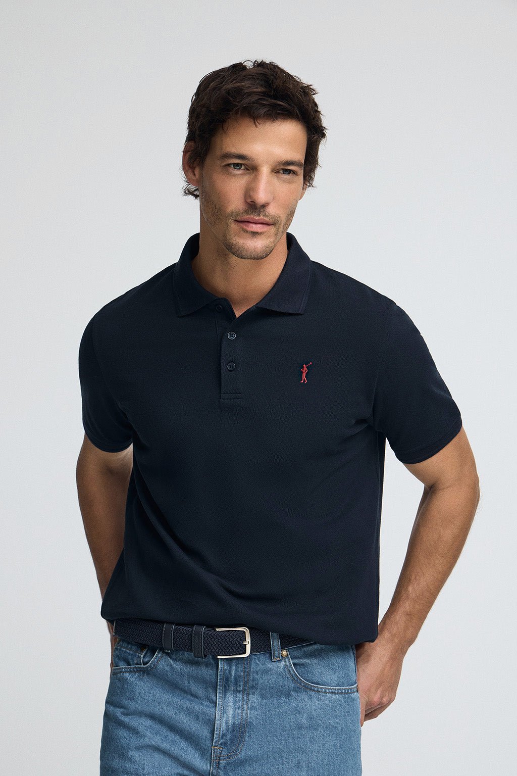 Poloshirt marineblau aus Pikee mit gesticktem Rigby Go-Logo