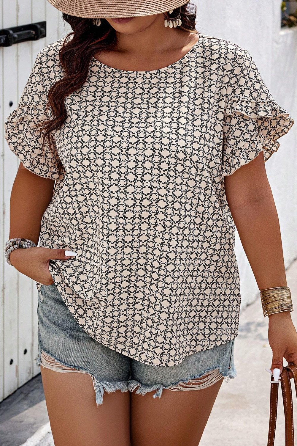 Thumbnail - Khaki Plus-Size Bluse mit geometrischem Druck und Rüschenschüchen