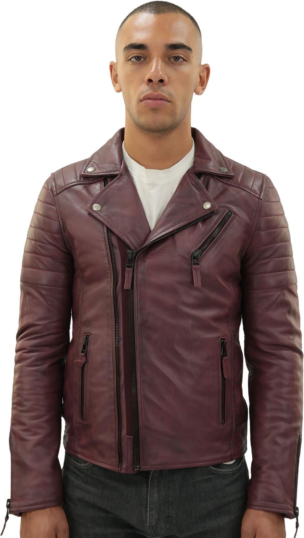 Brando Herren-Bikerjacke aus Leder mit doppeltem Kreuzreißverschluss und Casablanca