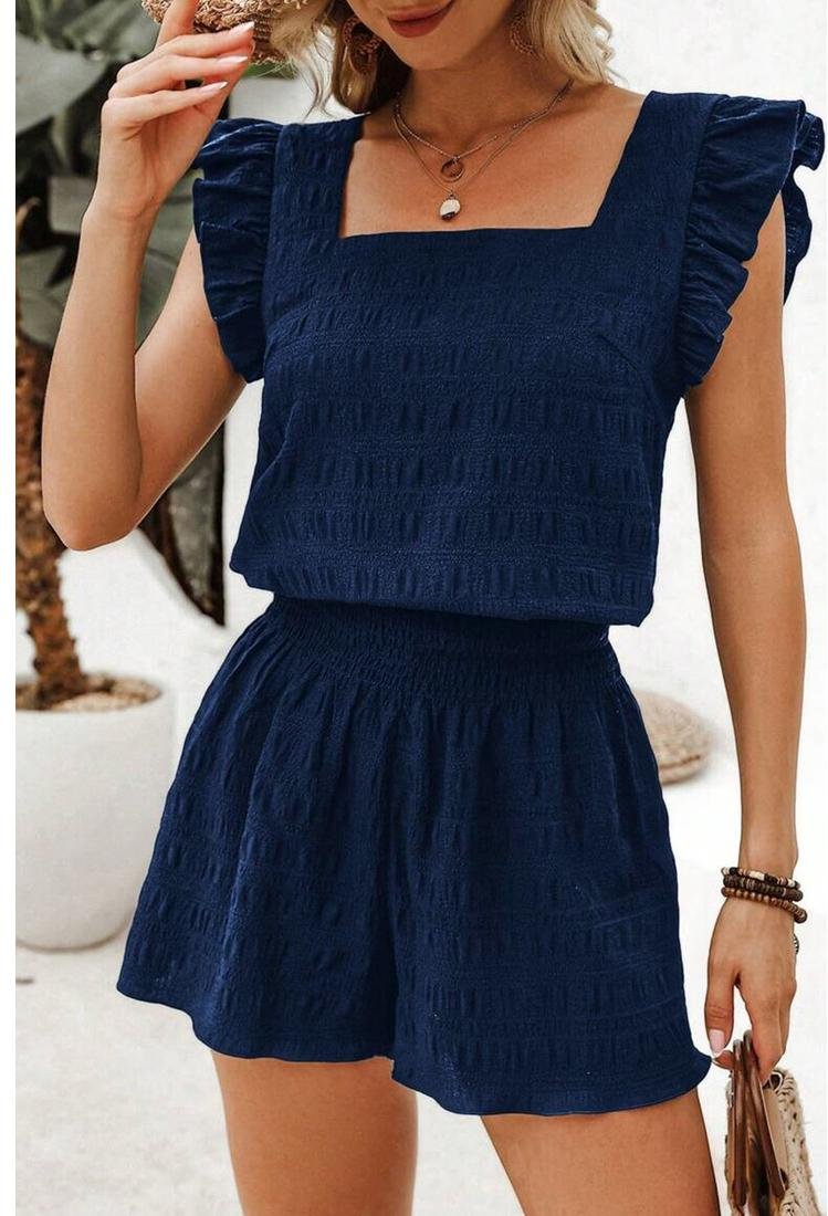 Thumbnail - Schmutzig blauer Texturierter Top mit Quadrat-Ausschnitt und Raffinierte Hochbund-Shorts-Set