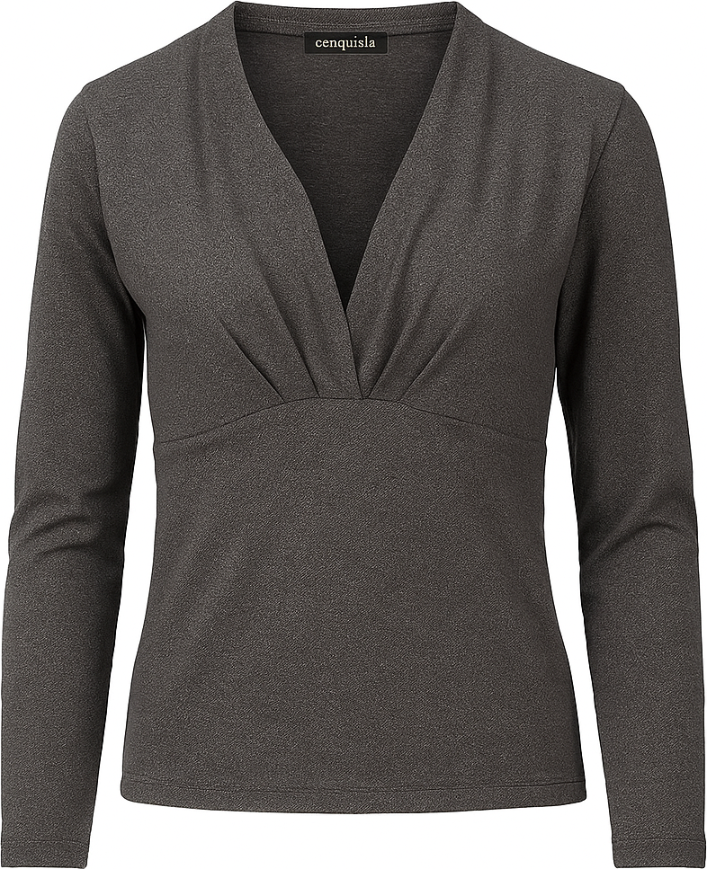 Heathered Anthrazit Jersey-Oberteil mit V-Ausschnitt für Damen – Lange Ärmel, drapierte Vorderseite