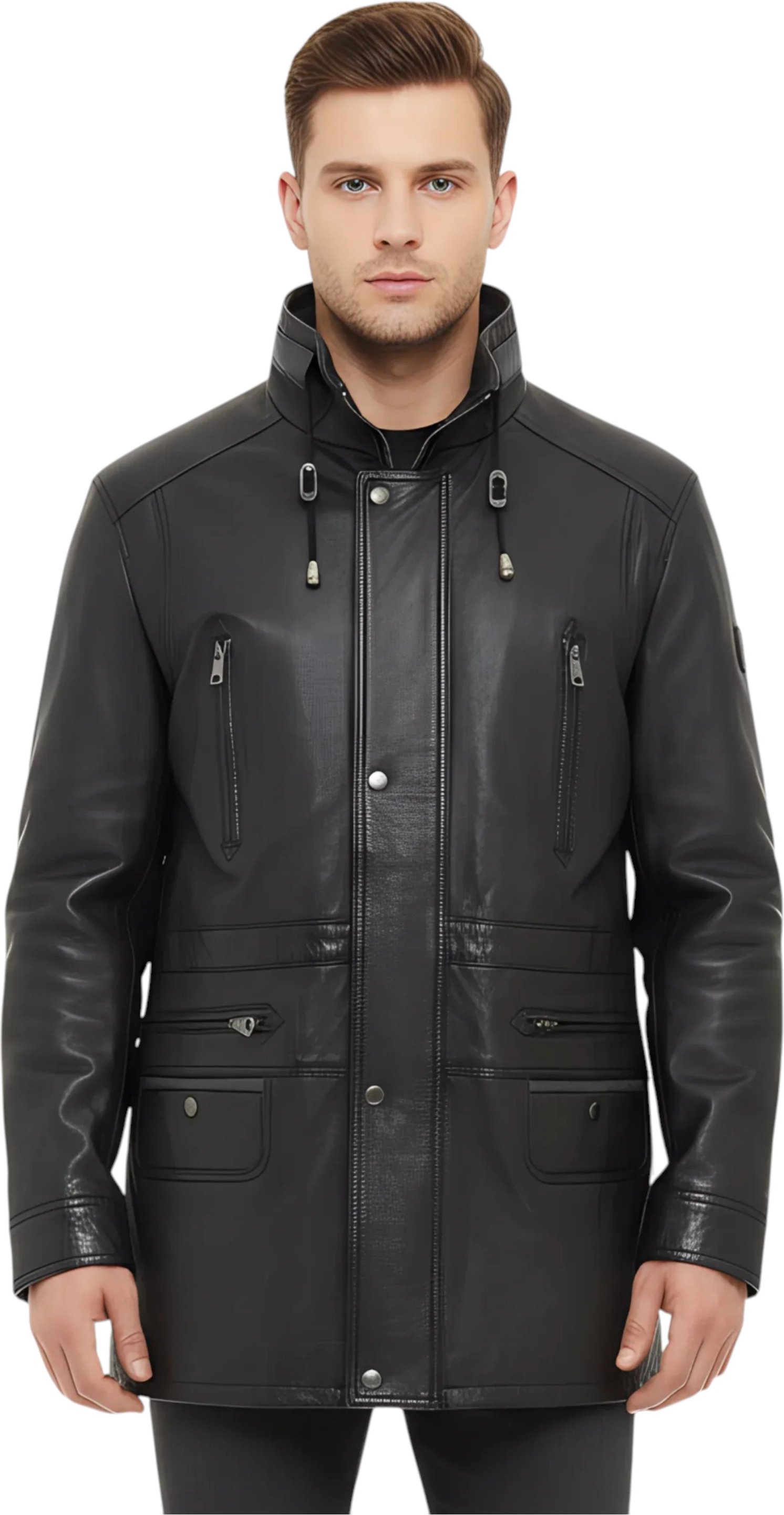 Herren Parka aus weichem italienischem Leder, Schwarz, Gatton