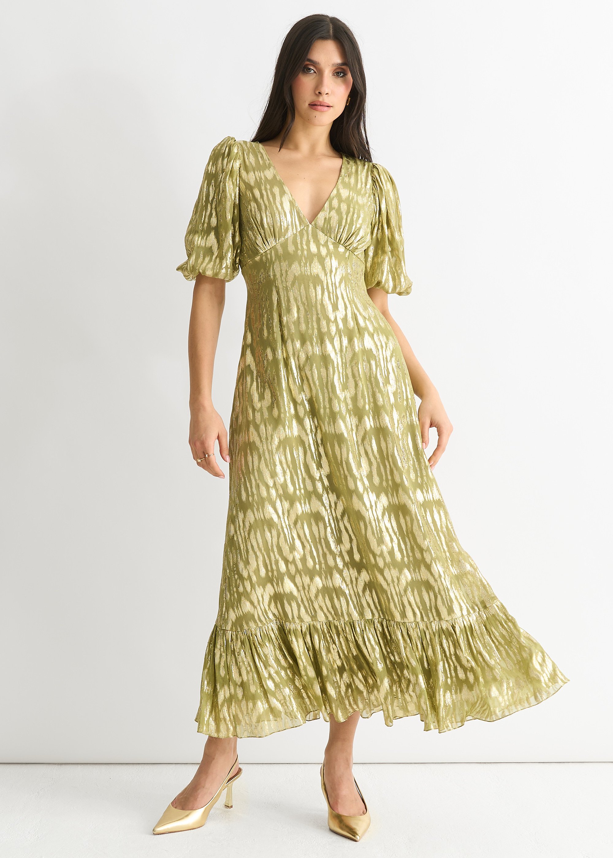 Grünes Viskose-Tier-Jacquard-Anlass-Midikleid