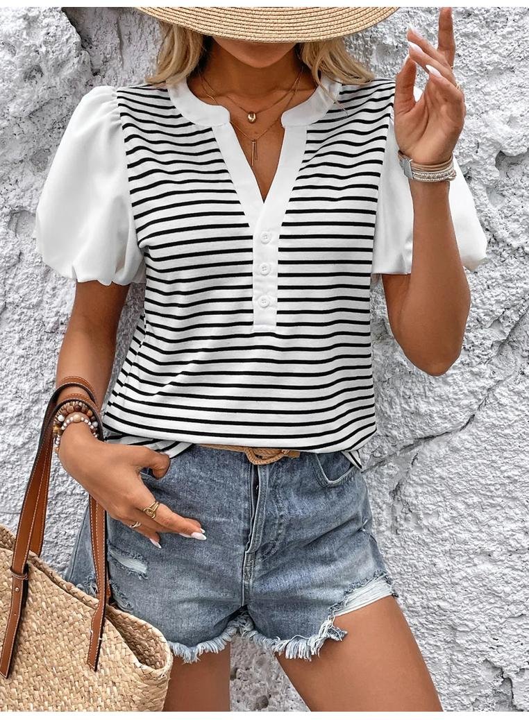 Damen gestreiftes T-Shirt mit kurzen Ärmeln und Koller