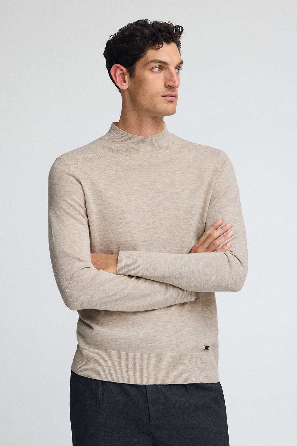 Thumbnail - Pullover beige meliert aus Merinowolle mit Perkins-Kragen