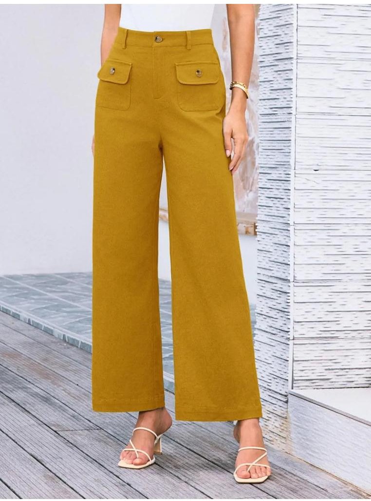 Hose mit hohem Bund und weitem Bein und Knopfen und Taschen