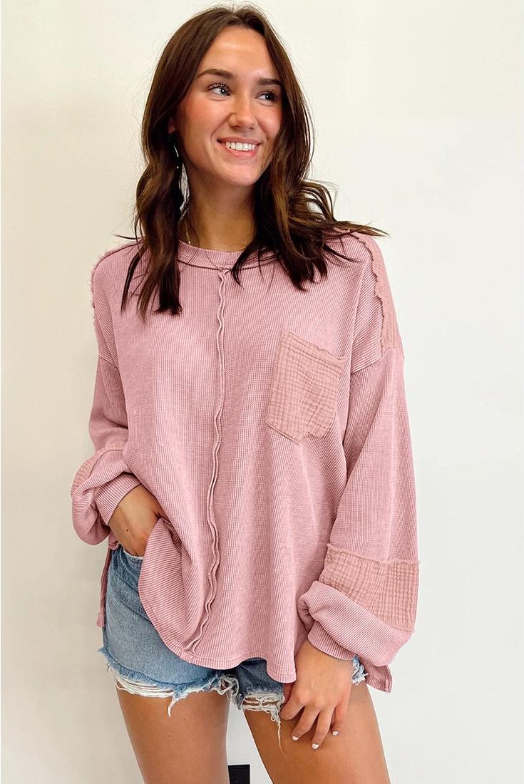 Thumbnail - Azura Exchange Pink Exposed Seam Patchwork Bubble Sleeve Waffle Stricktop