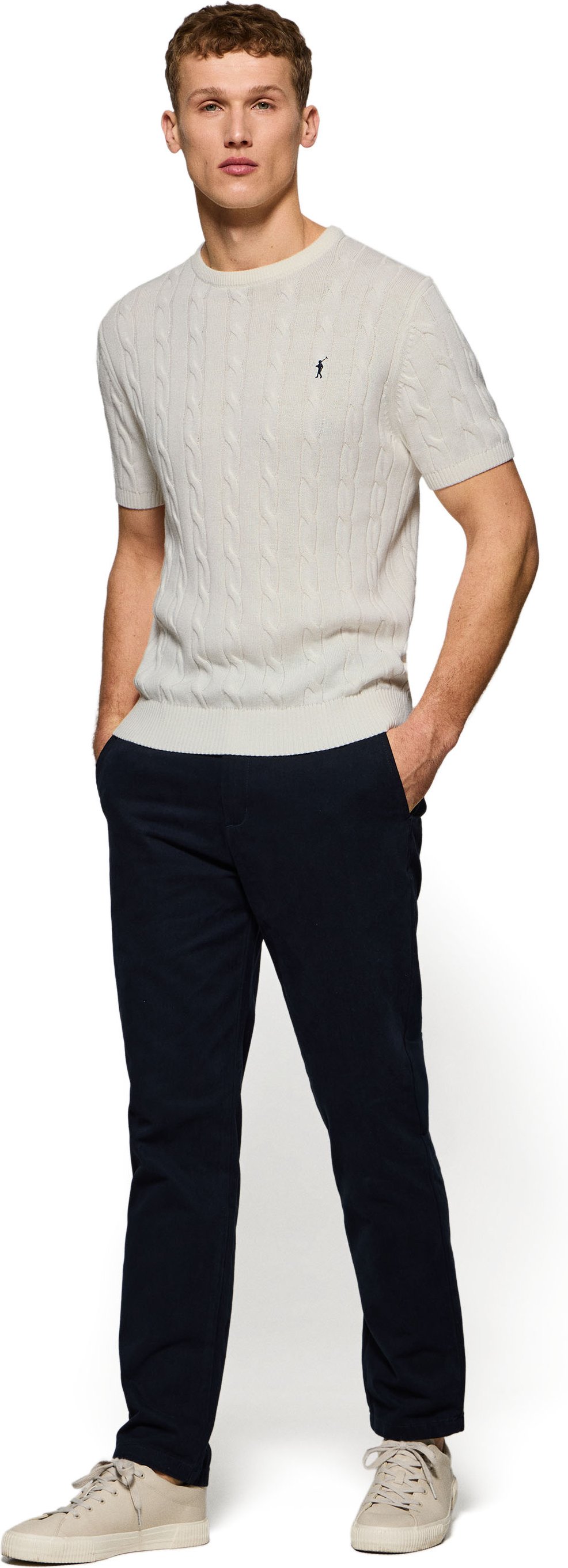 Kurzärmliger Zopfpullover beige mit Logo-Stickerei