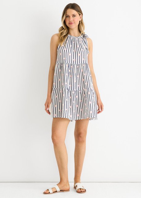 Marineblaues, geblümtes Baumwoll-Krawatten-Sommer-Minikleid