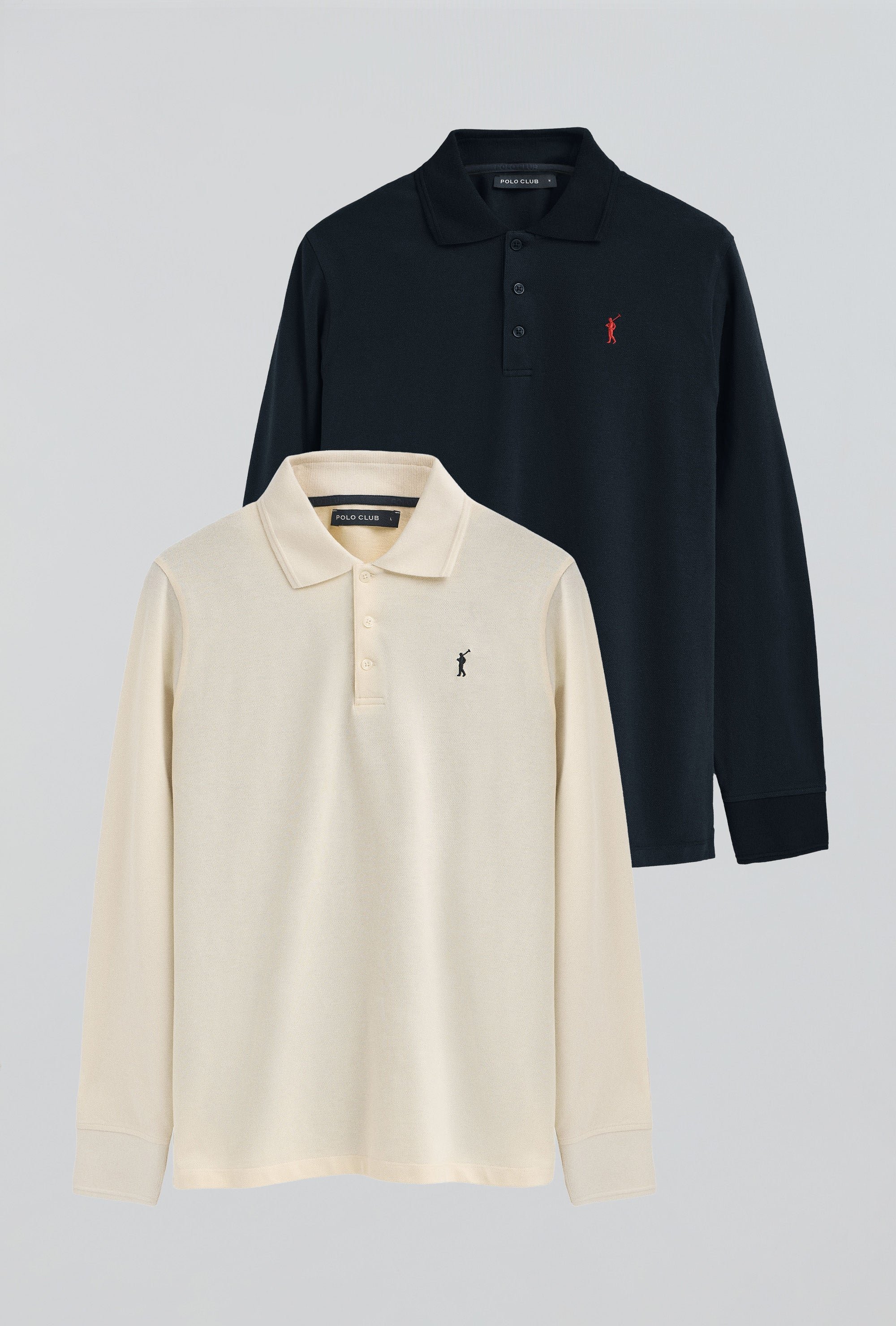 Zweierpack Herren-Poloshirts marineblau und ecru mit langen Ärmeln und gesticktem Rigby Go-Logo