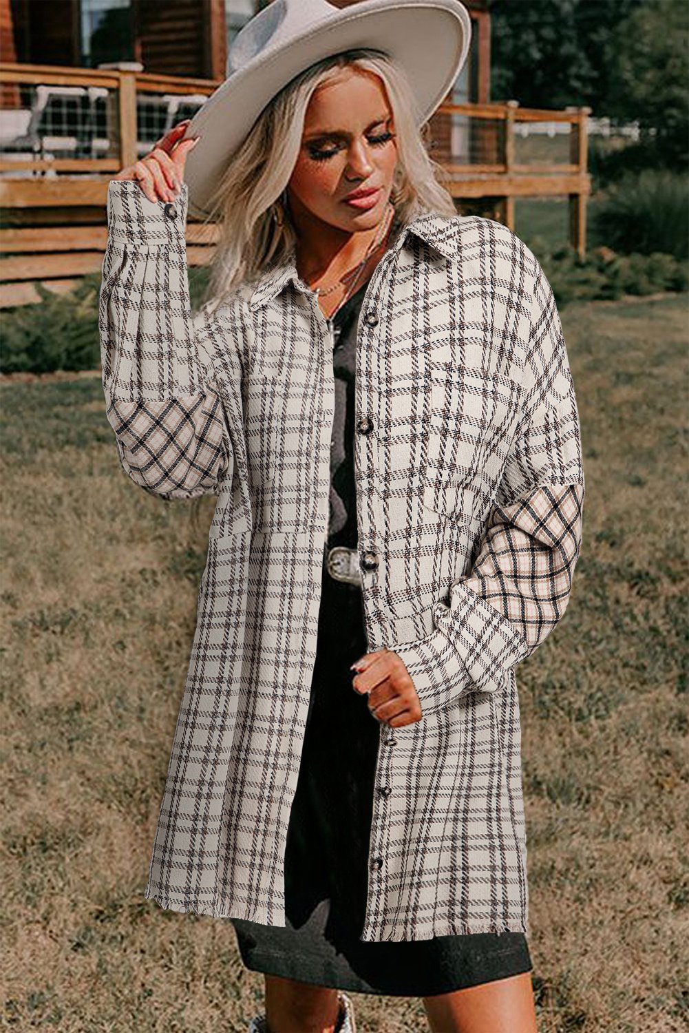 Karierte übergroße Hemd mit Ellbogen-Patches