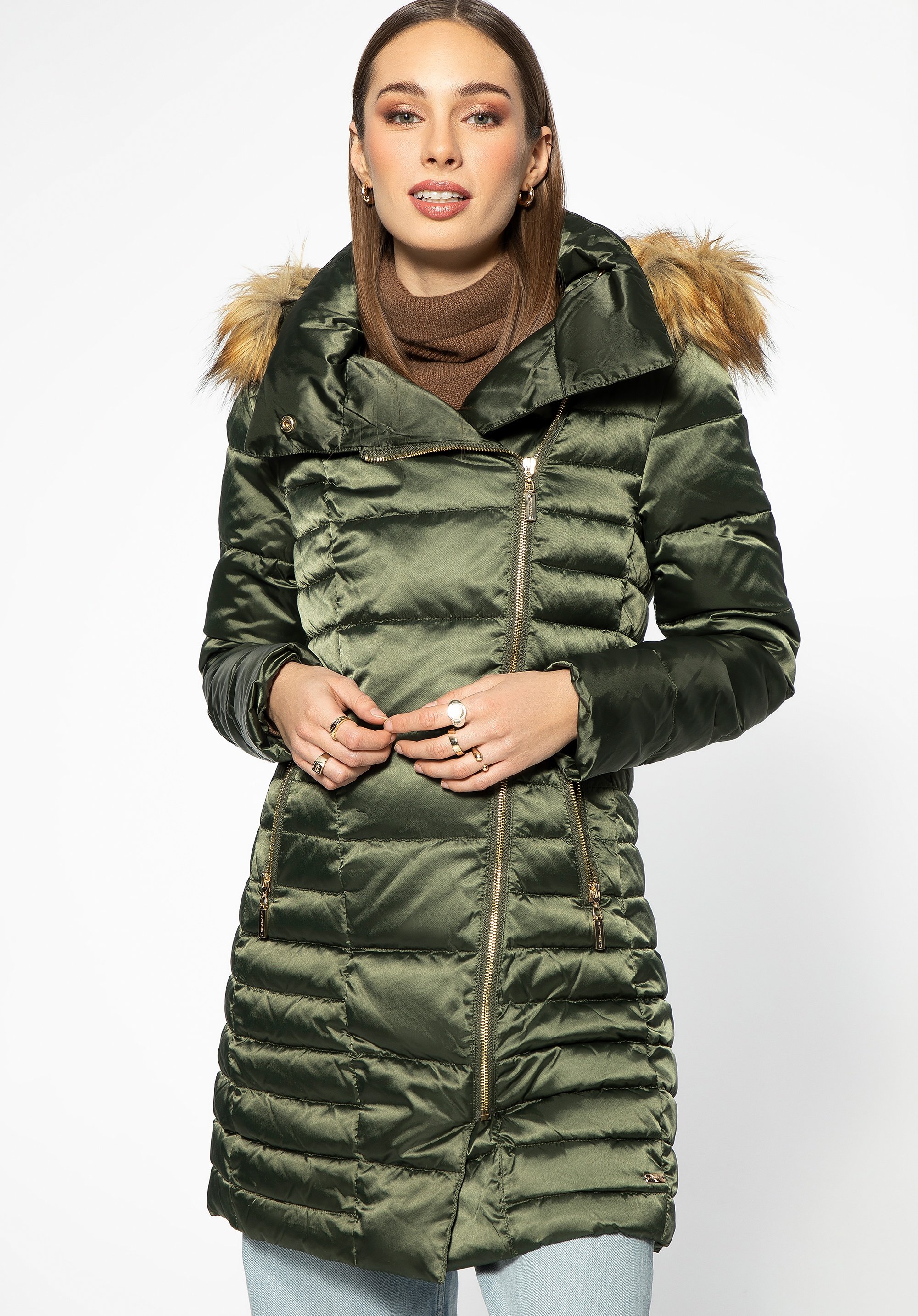 Wittchen Damen-Daunenjacke mit asymmetrischem Verschluss, grünes Nylon