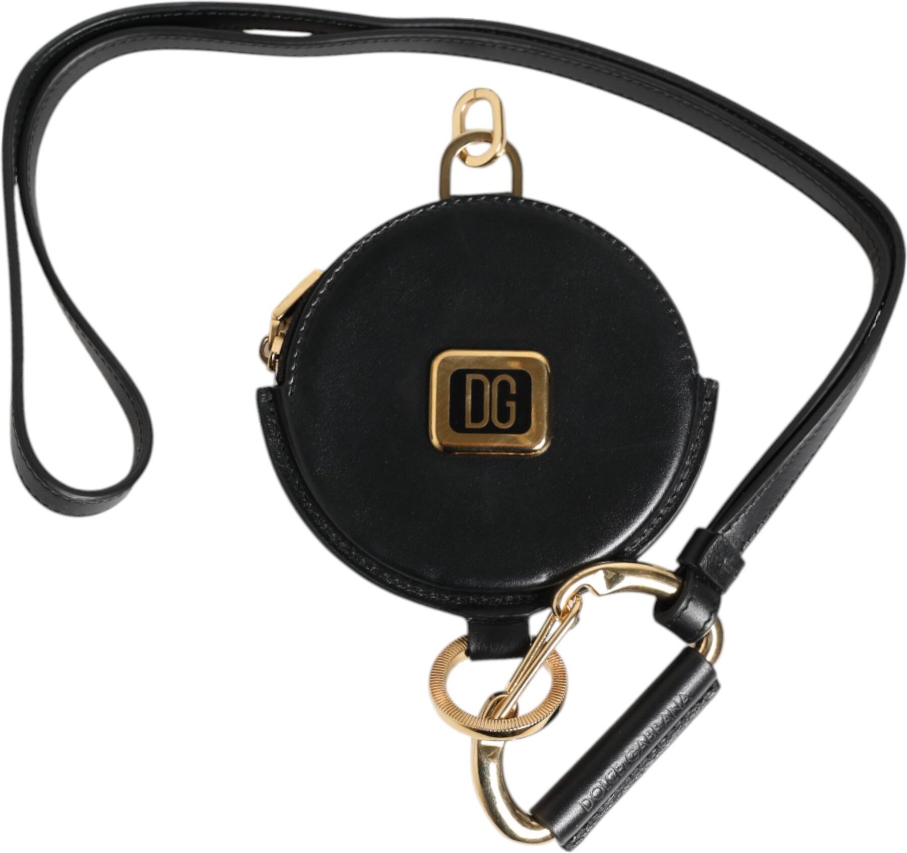 Schwarze Runde Leder DG Logo Münzgeldbörse mit Lanyard