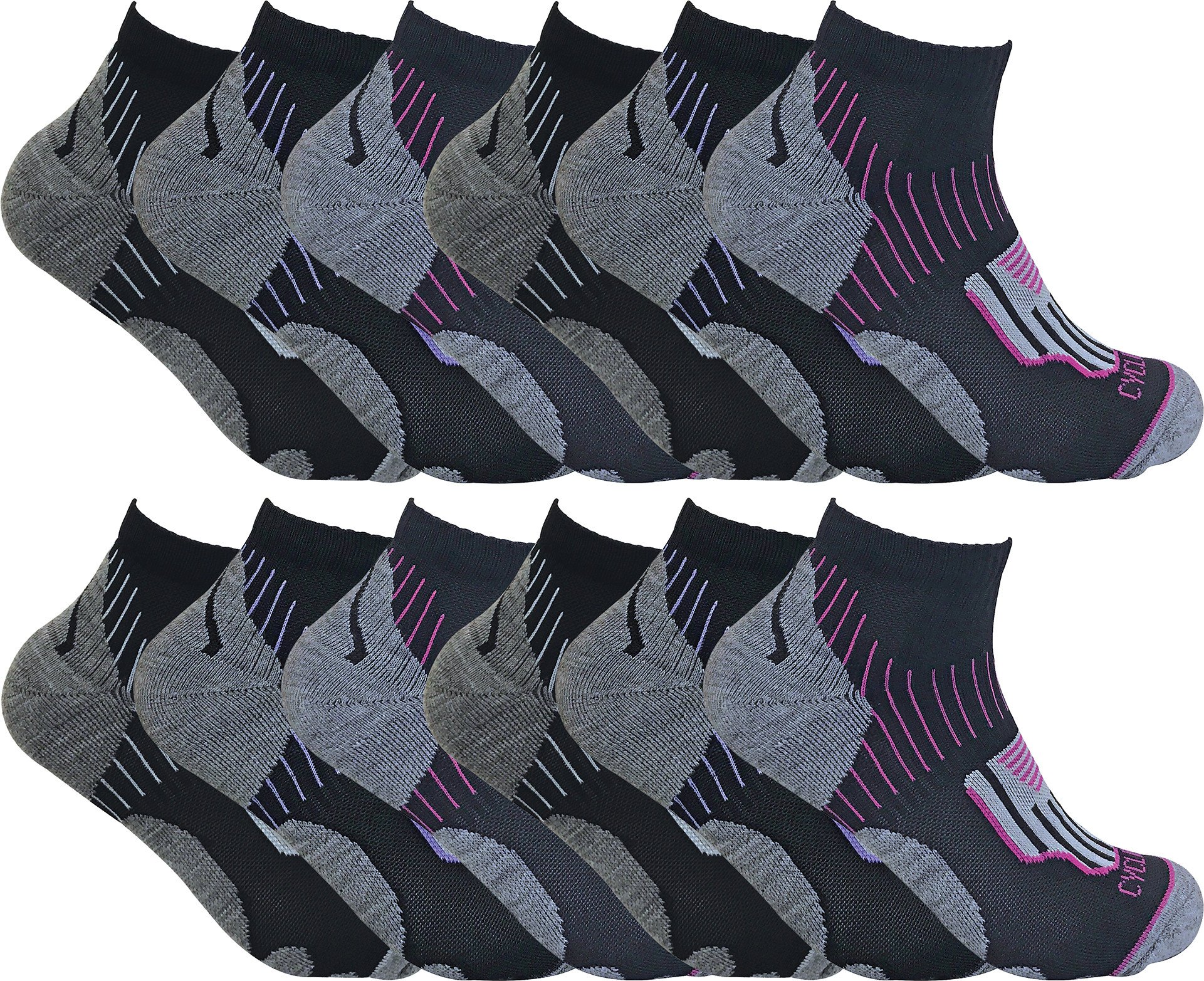 Thumbnail - 12 Paar Multipack Damen Radsport Socken | Socken Snob | Schwarz Low Cut Socken | Ideal für Laufen, Fitnessstudio & Sport...