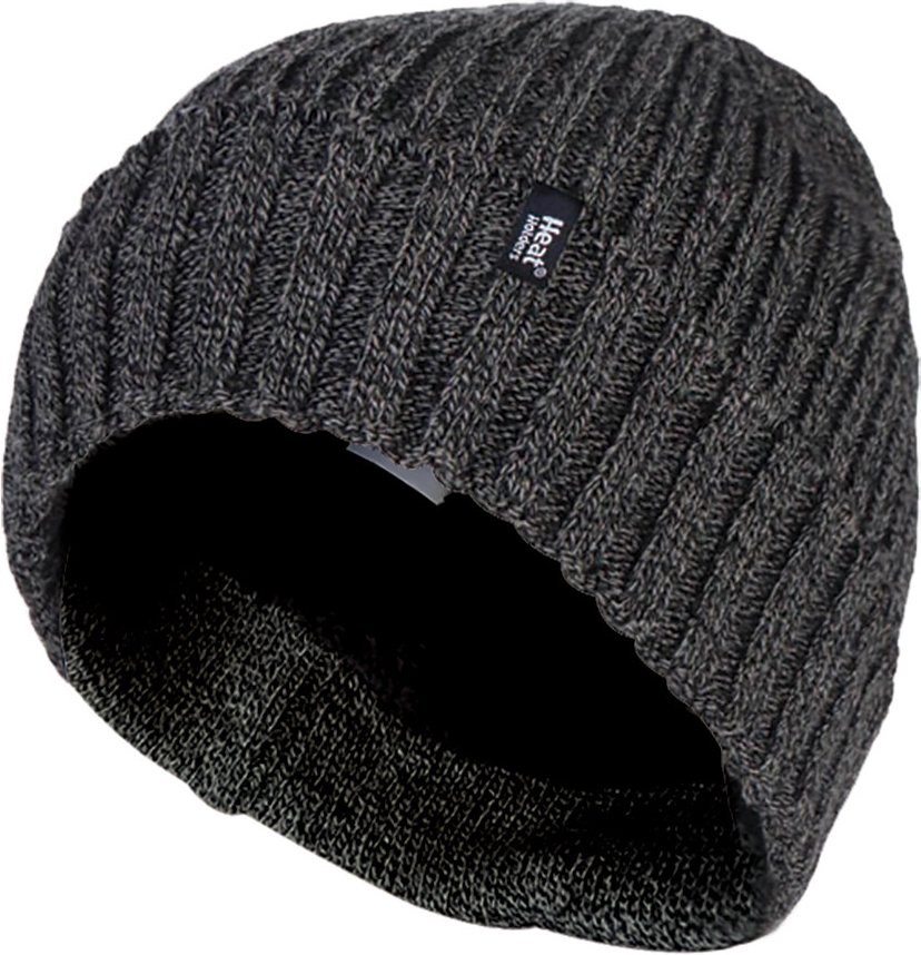 Heat Holders - Herren Rippenstrick Fleece gefüttert isoliert warm Turn Over Manschette Thermal Winter Beanie Hut - grau