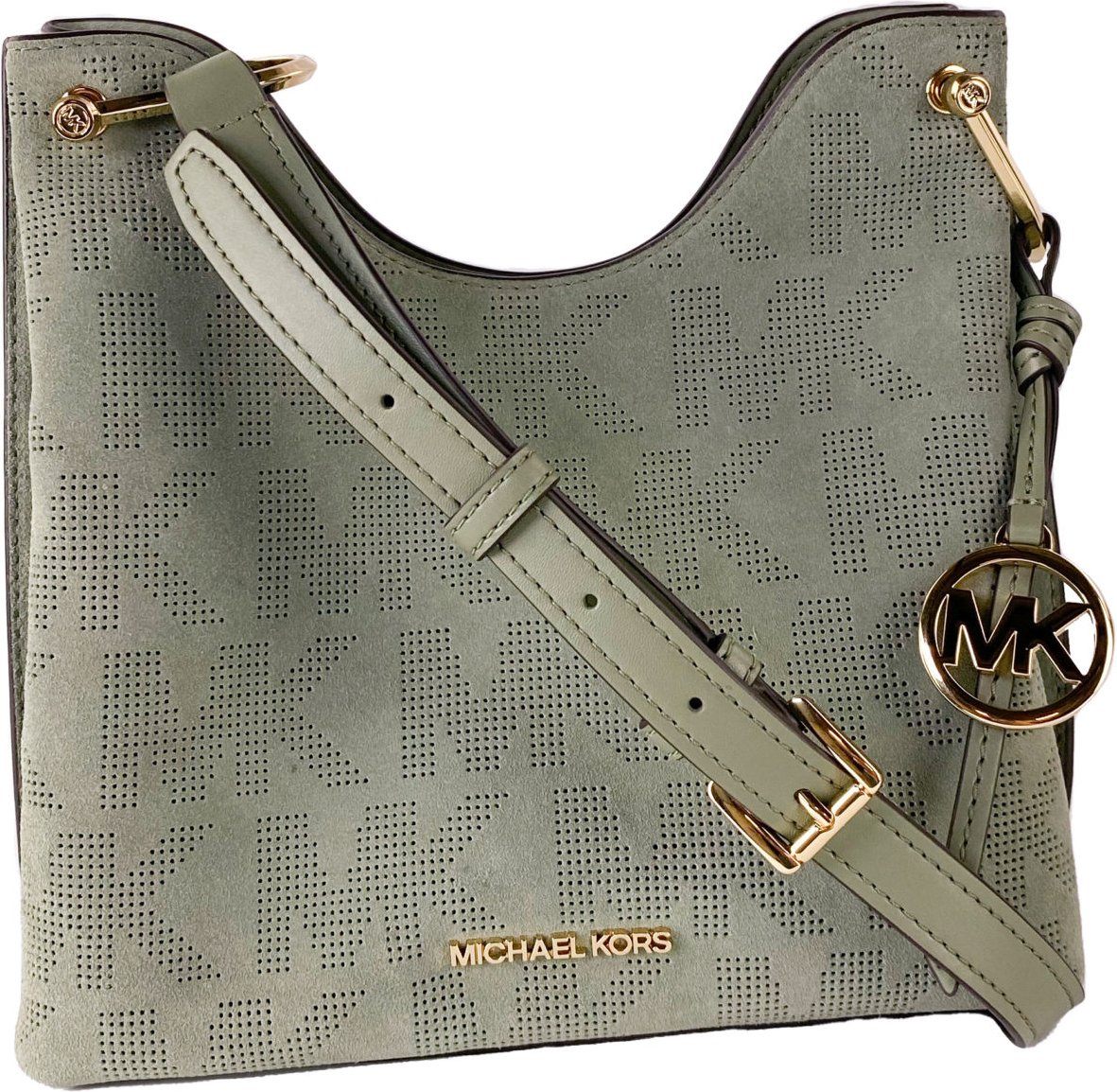 Michael Kors Joan Large sac à main Souchy Messenger en cuir en cuir perforé (Green Women's Green)