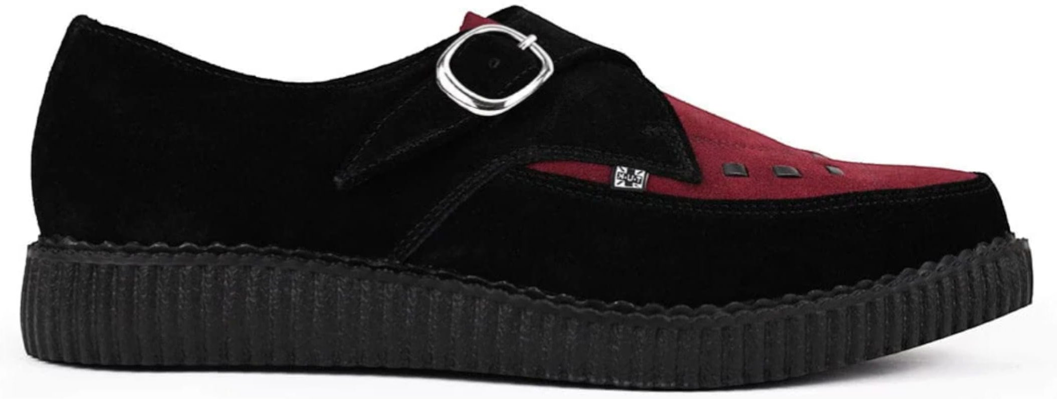 TUK Pointed Creeper Plateau-Schuhe aus schwarzem und burgunderfarbenem Wildleder mit Monk-Schnalle - A9592