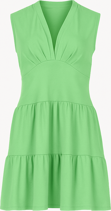 Grünes ärmelloses Jerseykleid mit V-Ausschnitt – Lockere Passform, knielang