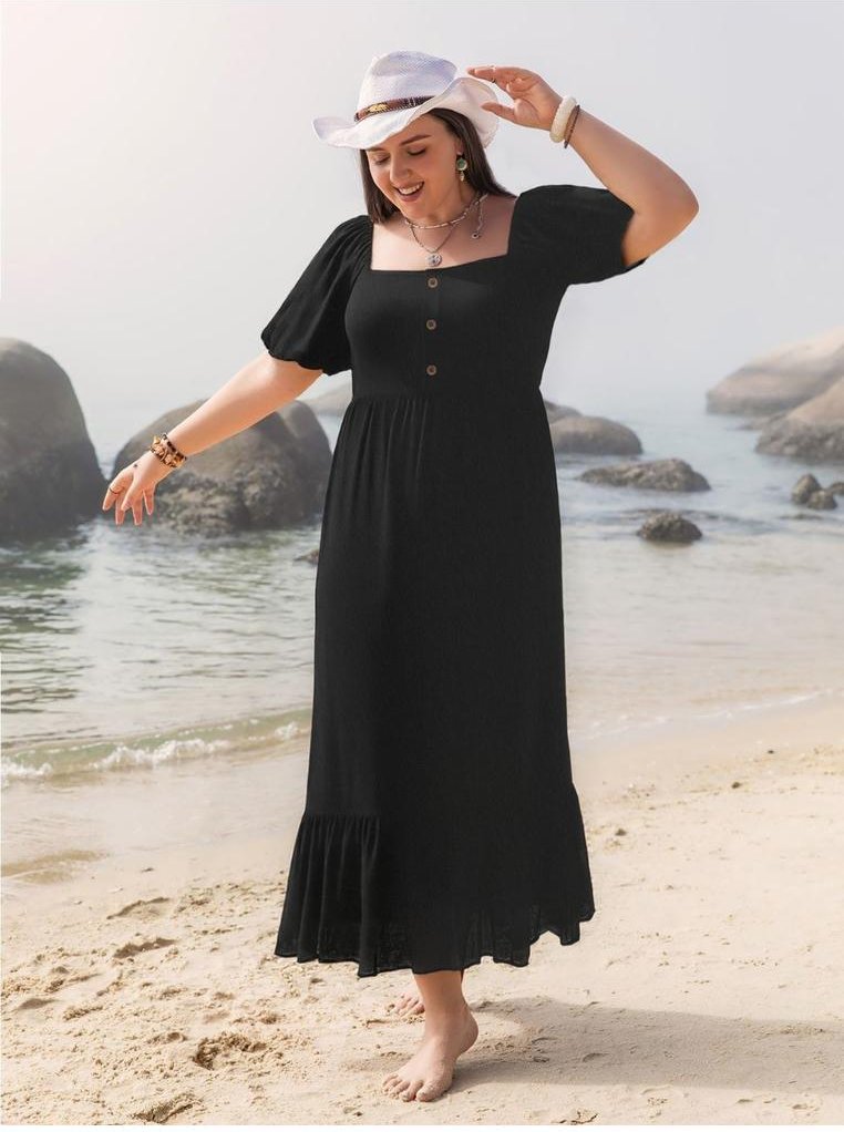 Thumbnail - Damen Plus-Size Rüschensaum Quadrat-Ausschnitt Kurzarmkleid