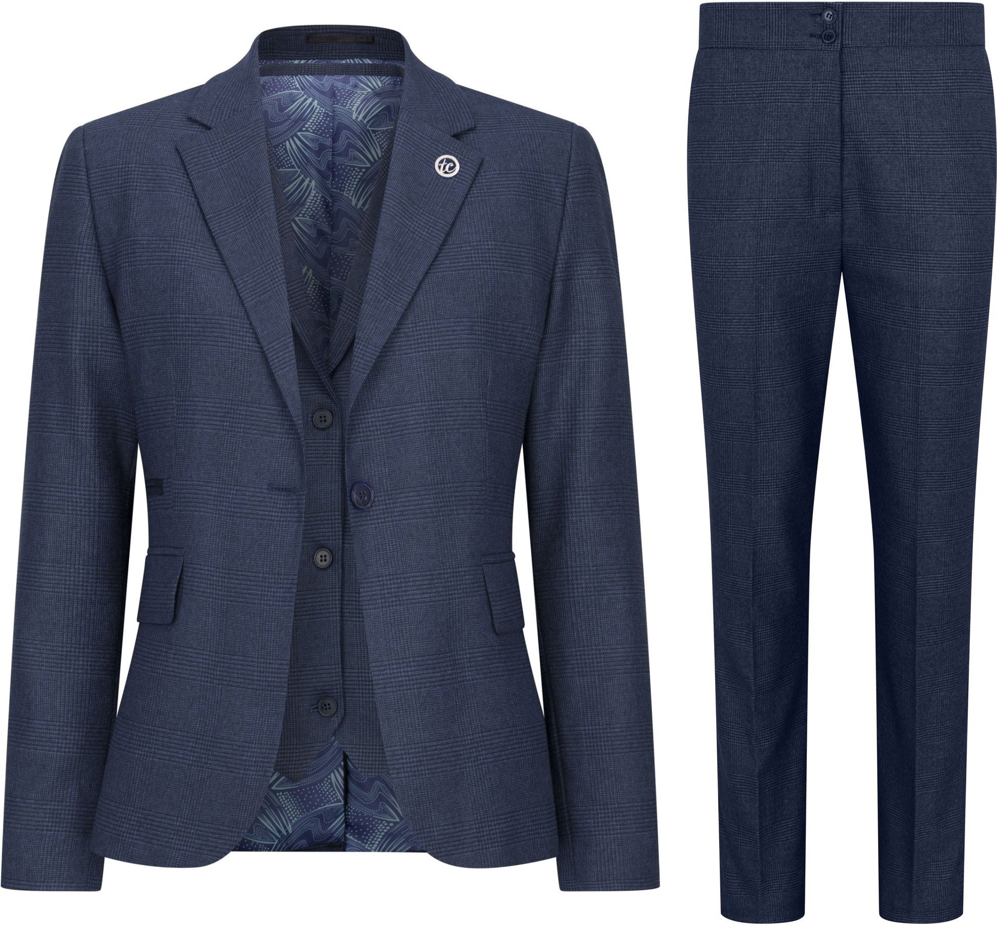 Thumbnail - Marineblauer dreiteiliger Tailored Fit-Anzug für Damen mit Prince-of-Wales-Karo