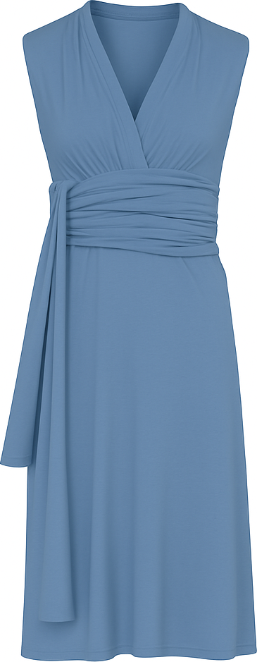 Staubig hellblaues ärmelloses Jerseykleid mit Taillenband aus Viskose und Elastan