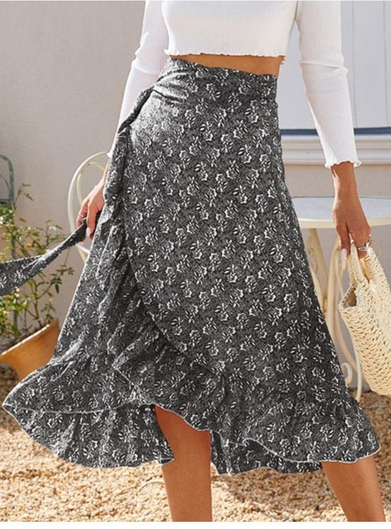 Damen bedruckte Rüschenshirt-Midi-Rock