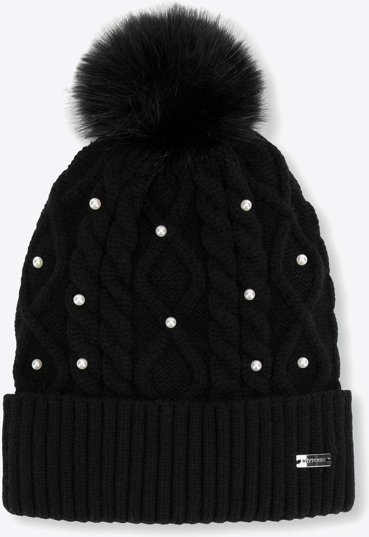 Wittchen Damenhut mit Bommel und Perlen, schwarze Viskose