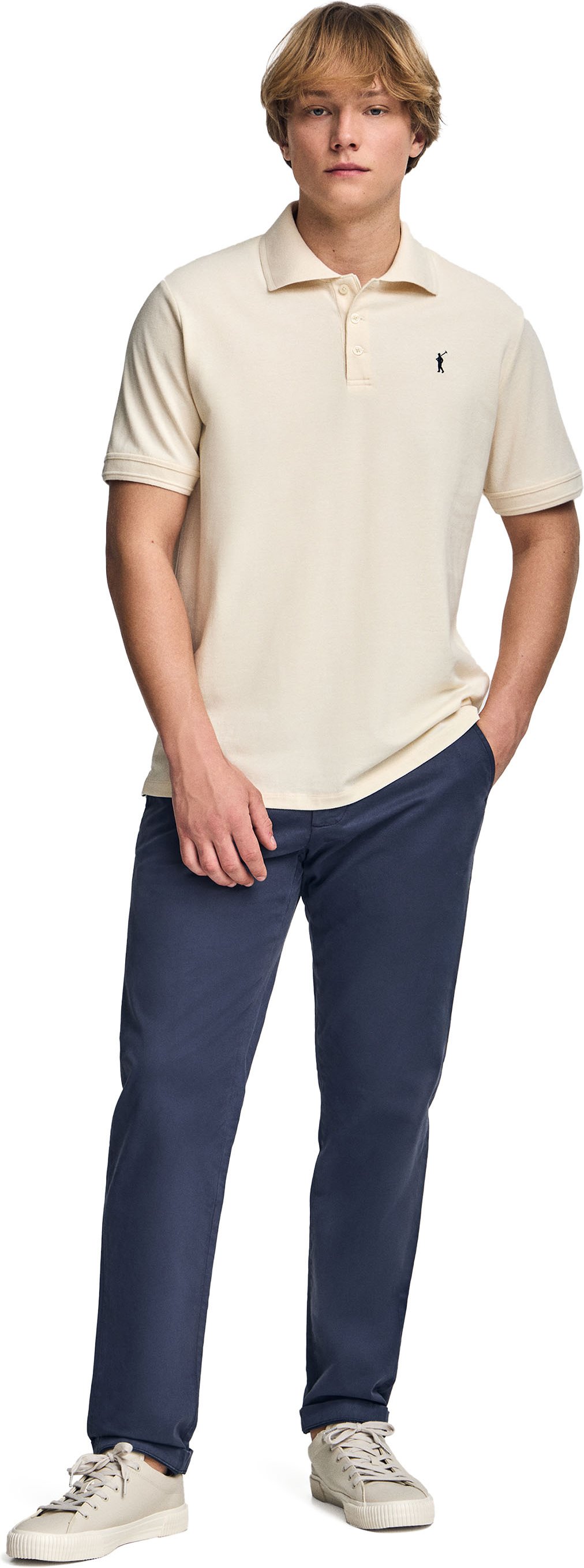 Kurzärmliges Poloshirt beige mit drei Knöpfen und Rigby Go Logo