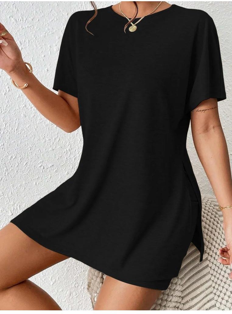 Thumbnail - Damen Oversized Set mit Rundhalsausschnitt, Kurzarm und Schlitzoberteil sowie Shorts