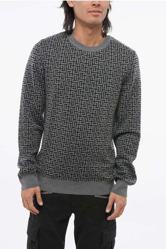 Rundhalspullover aus Wolle und Leinen mit Allover-Monogramm in Grau