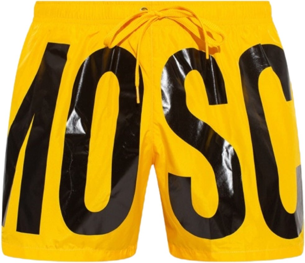 Moschino kurze Badeshorts mit schwarzem Print-Logo und leuchtend gelbem Logo