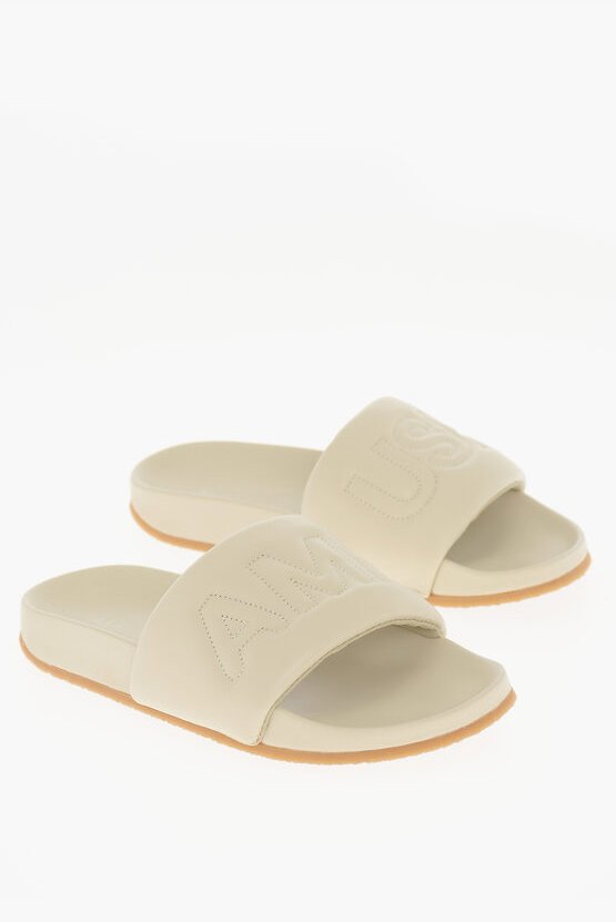 Einfarbige Leder-Slides in Beige