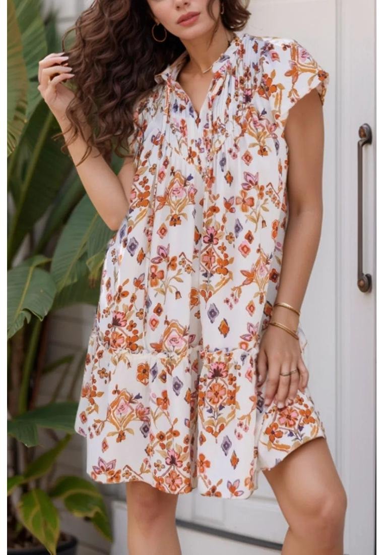 Damen Bedrucktes Krawatten-Hals Kurzarm Mini-Kleid