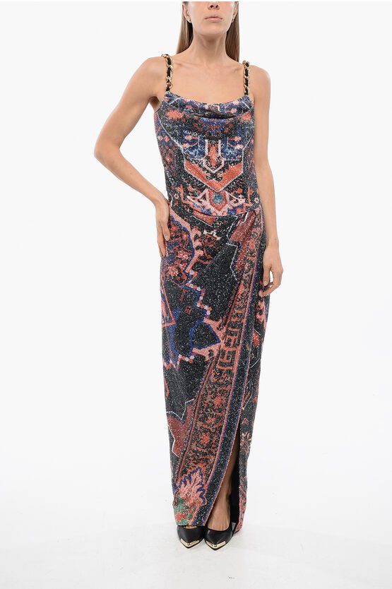 Paillettenkleid mit Ketten und tiefem Schlitz in Orange