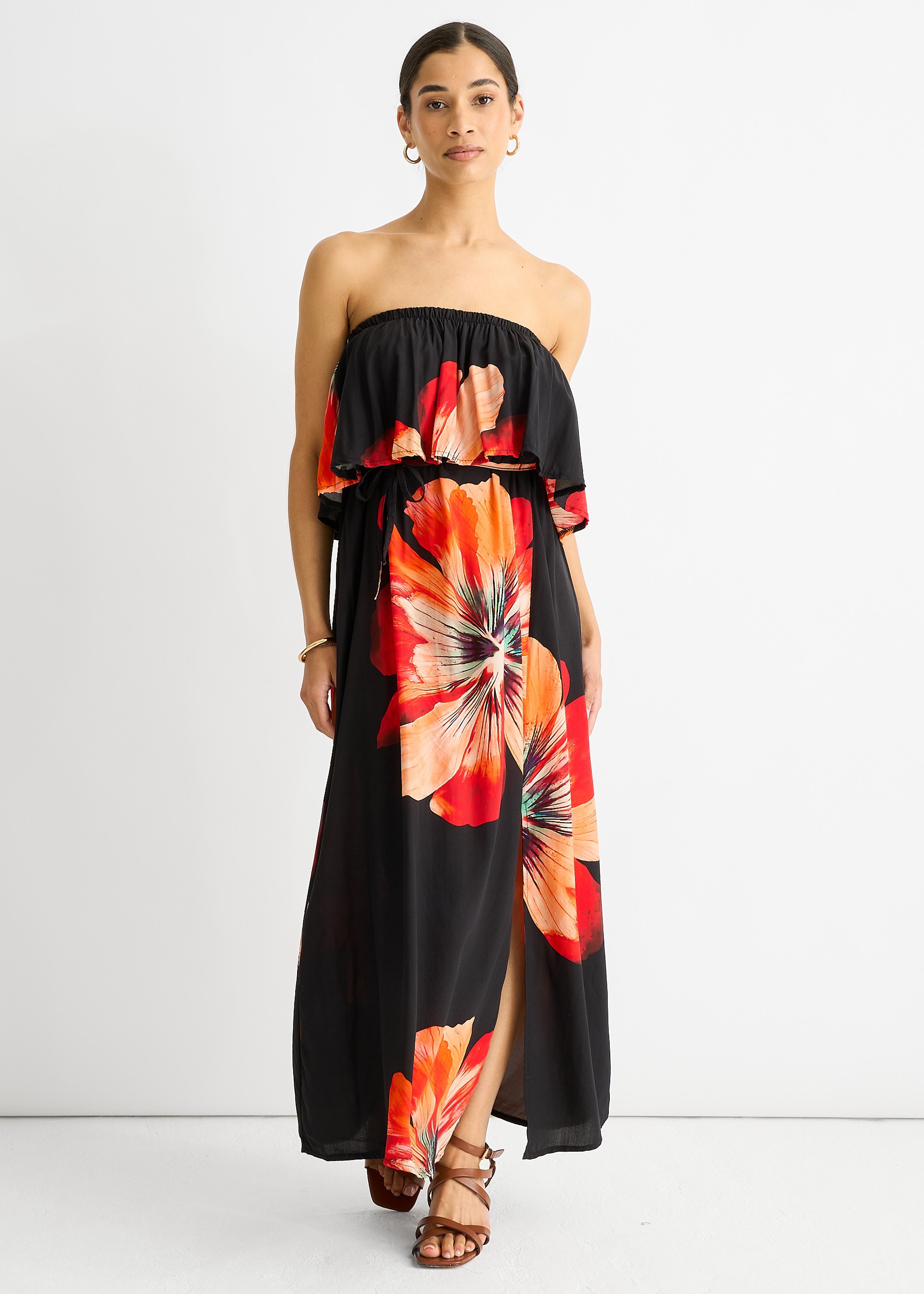 Schwarzes Bardot-Rüschenschlitz-Midikleid aus Viskose