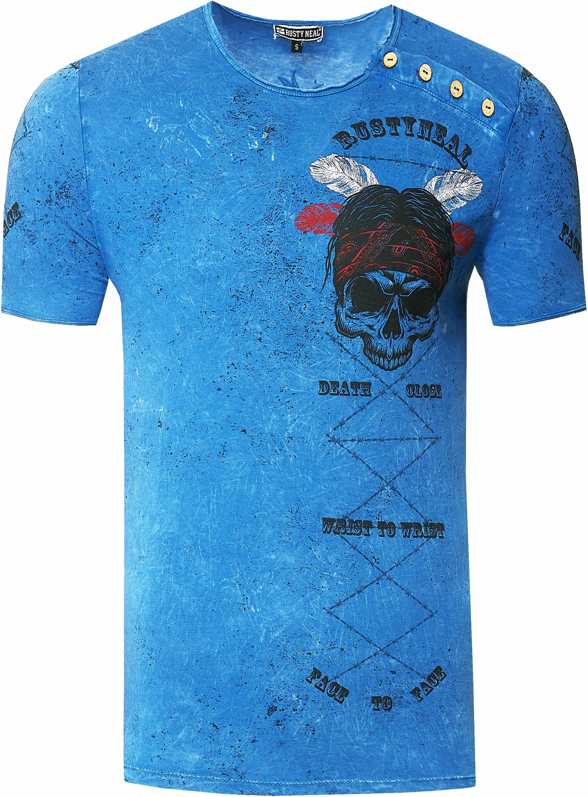 Thumbnail - Verwaschenes Rundhals T-Shirt mit Knopfleiste und Prints