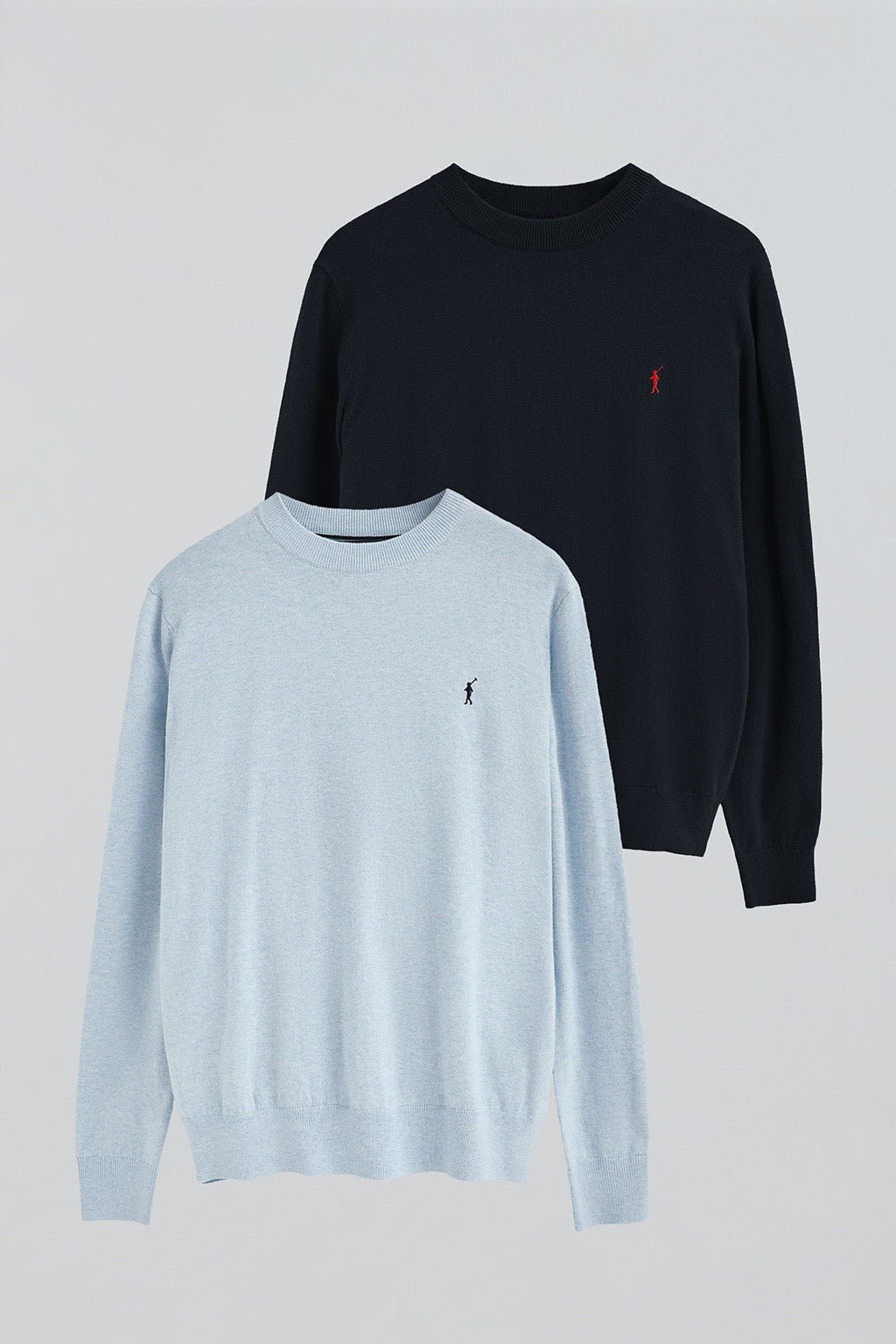 Zweierpack Herrenpullover marineblau und hellblau meliert aus Wollgemisch mit gesticktem Rigby Go-Logo