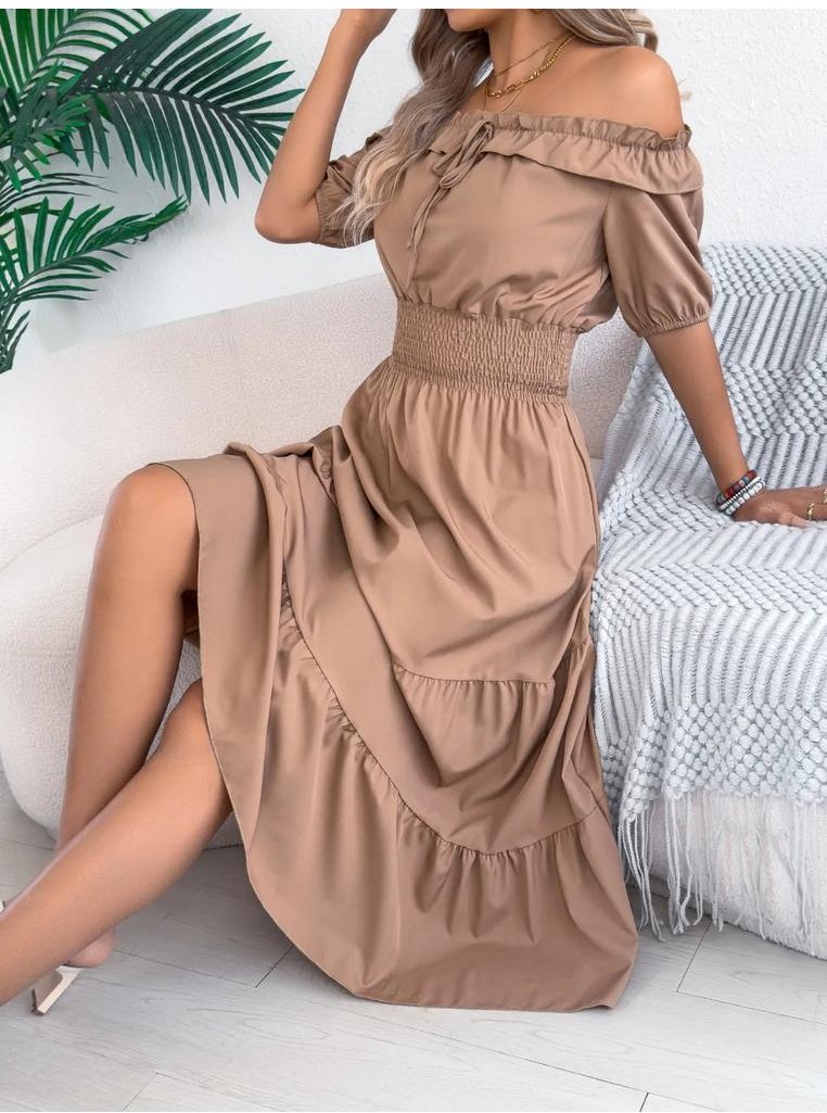 Damen Rüschenshirt Off-Shoulder Stufenkleid