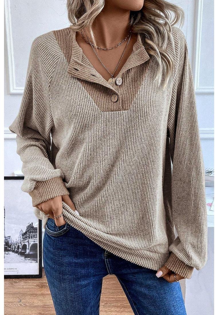 Thumbnail - Azura Exchange Damen Lässiger Gerippter Strickpullover mit Knopfkragen