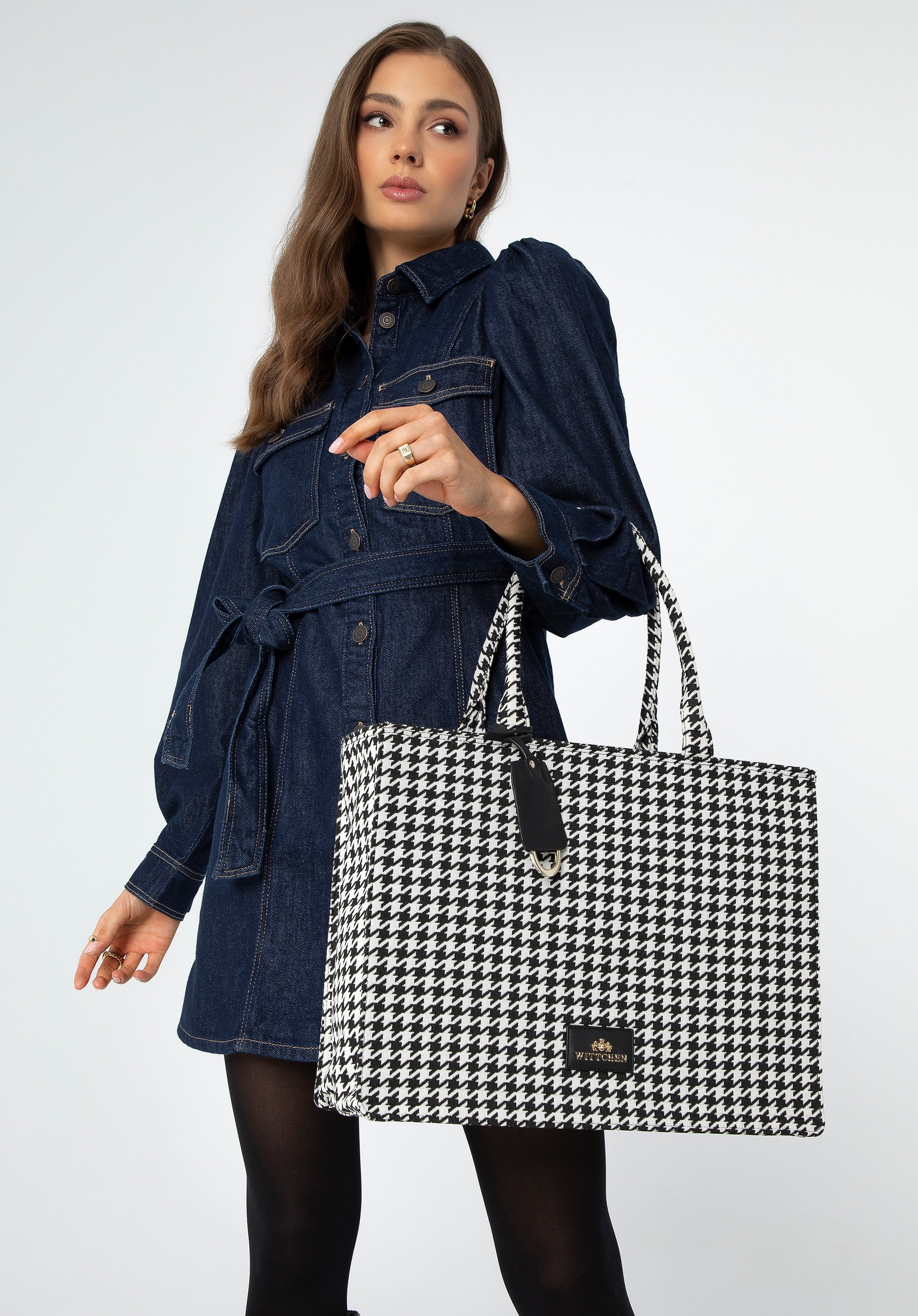 Wittchen Damen-Einkaufstasche aus Baumwolle mit Jacquardmuster, schwarz-weiß