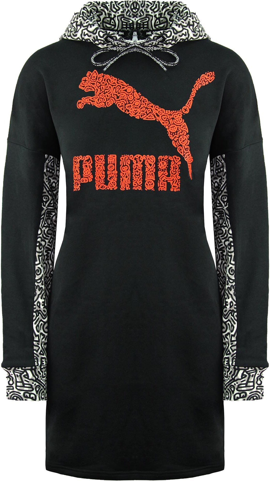 Puma x Mr. Doodle Langarm Pullover Schwarze Frauen Kapuze -Jumper -Kleid 598686 01