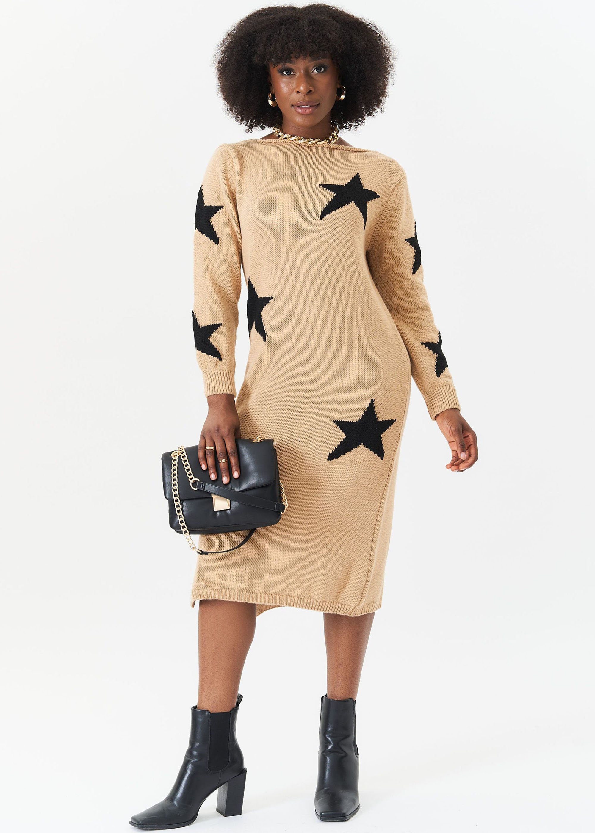 Camel Star Knit Oversized Pullover Kleid